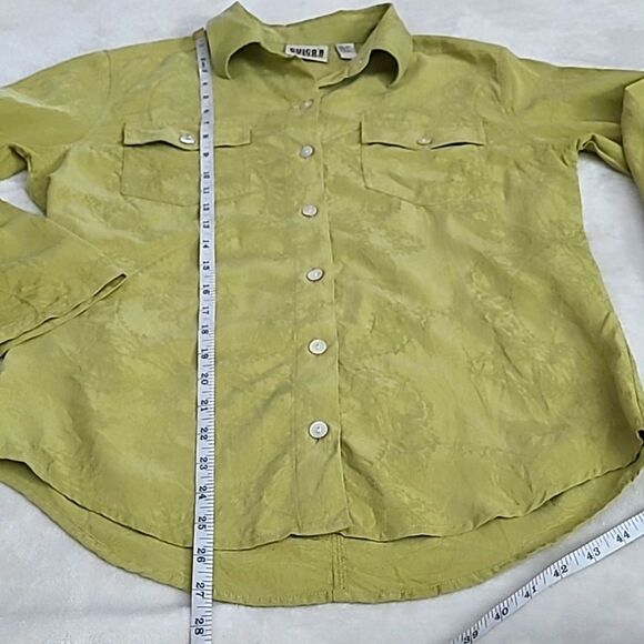 Chicos Design Women's Silk Collared Blouse Green Size 0 Roll Tab Sleeve Floral - Picture 3 of 12